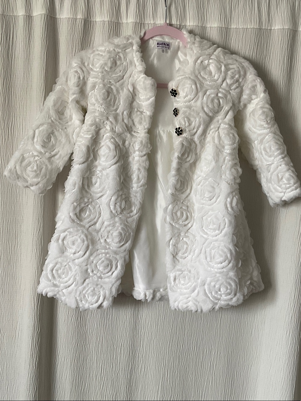 Blueberi Boulevard White Floral Faux-Fur Pea Coat for Kids